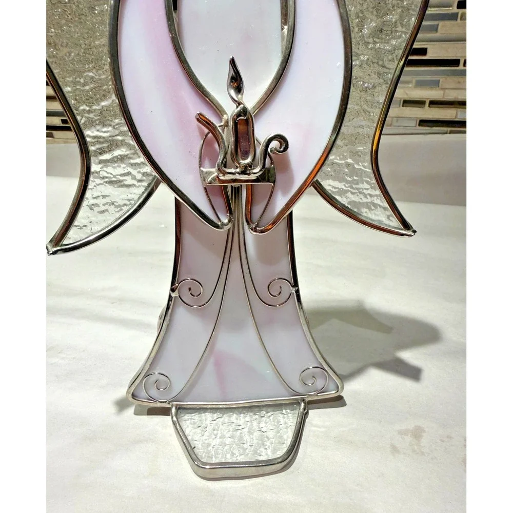 Vintage Stained Glass Angel Candle Holder White Pink Wings Handmade 10